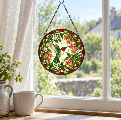 Ruby Nectar Symphony Suncatcher, Hummingbird Glass Window Ornament