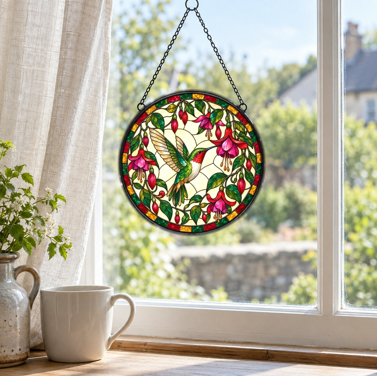 Ruby Nectar Symphony Suncatcher, Hummingbird Glass Window Ornament
