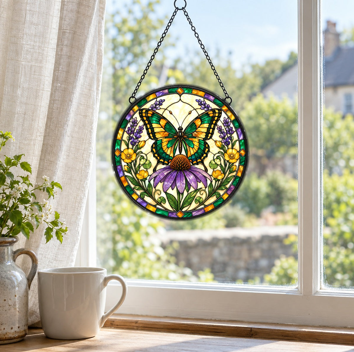 Swallowtail Butterfly and Coneflower Suncatcher Ornament Window Decor