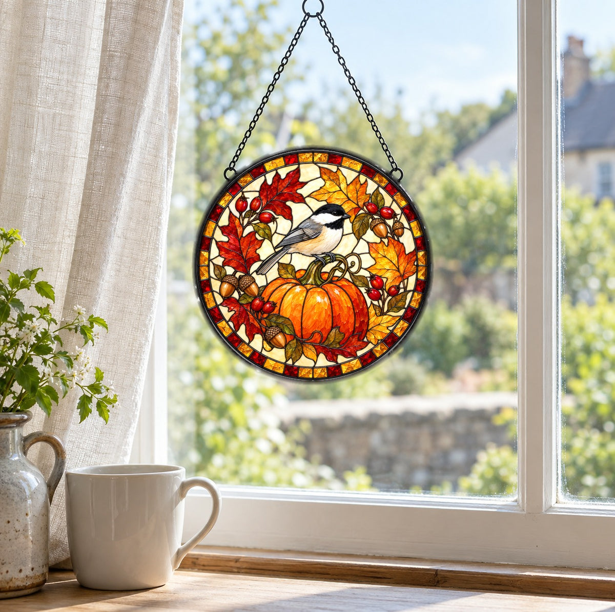 Harvest Chickadee Pumpkin Stained Glass Style Suncatcher Hanging