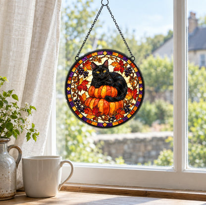Midnight Cat and Pumpkin Suncatcher Ornament for Autumn Decor