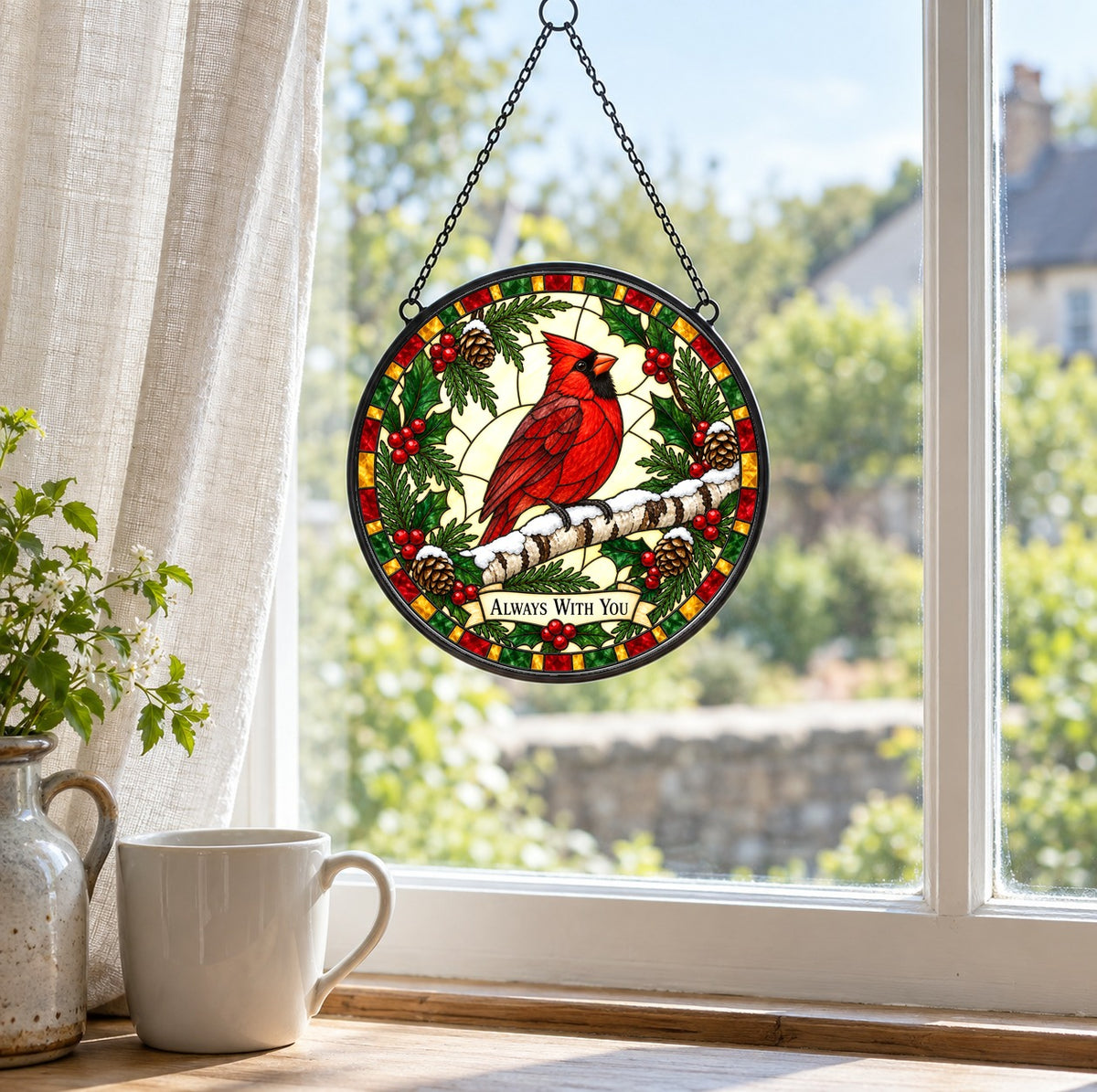 Winter Cardinal Suncatcher Ornament, Always With You Memorial Glass Art