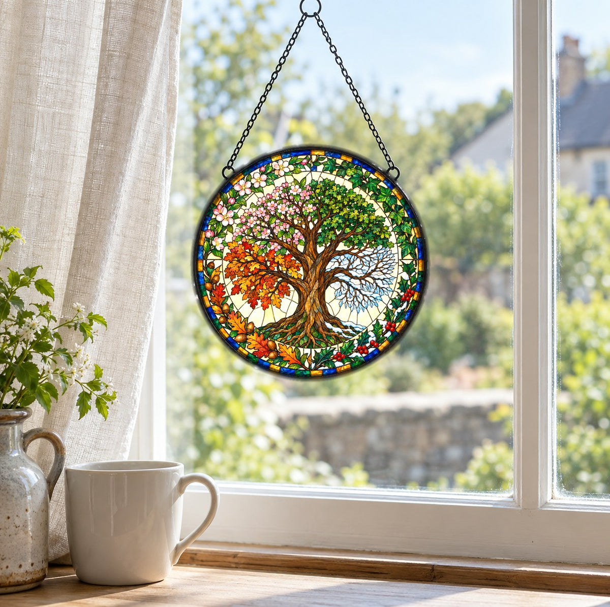 Four Seasons Tree of Life Suncatcher Glass Window Hanging Ornament