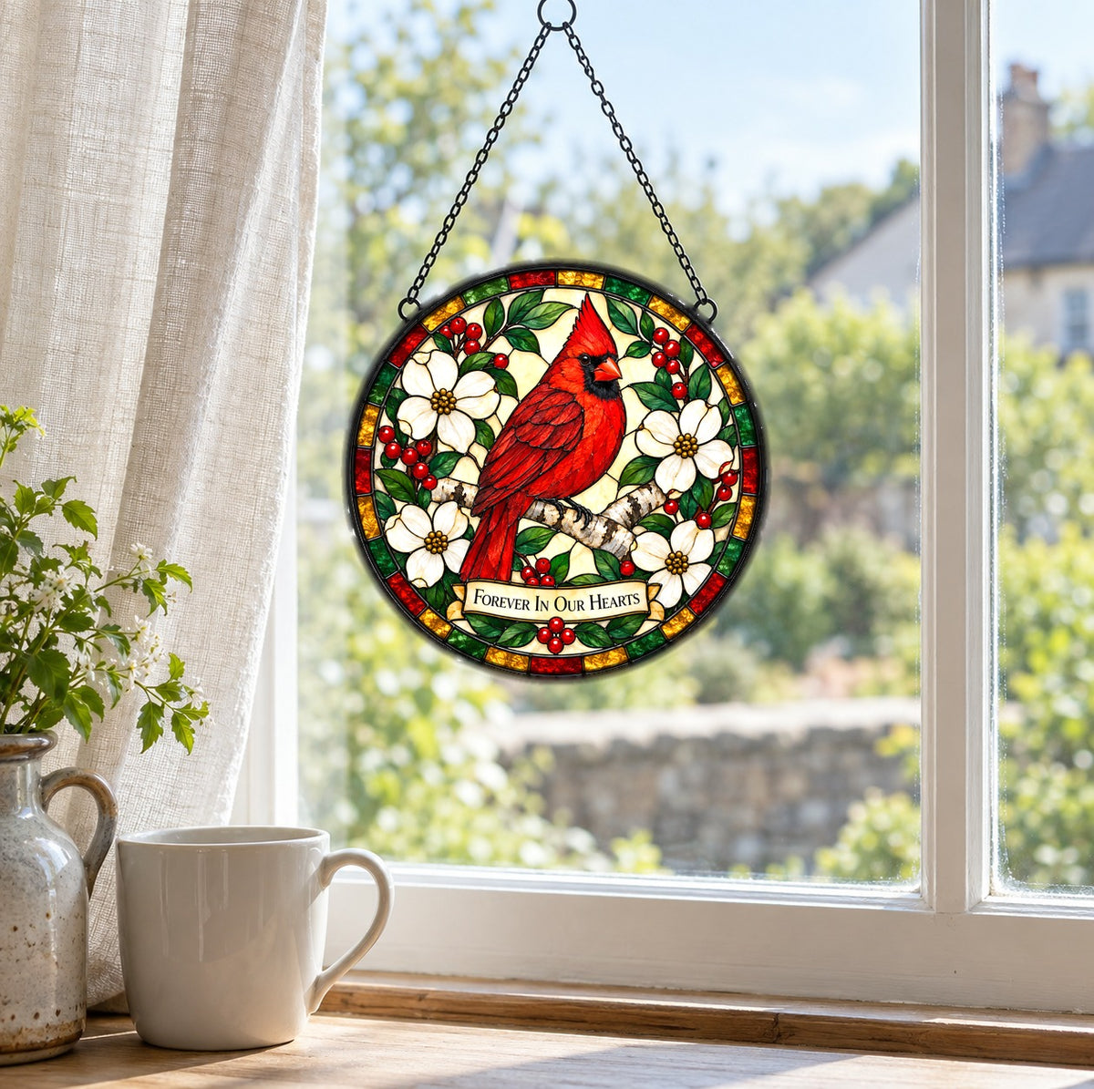 Cardinal Whispers Memorial Suncatcher Glass Window Ornament