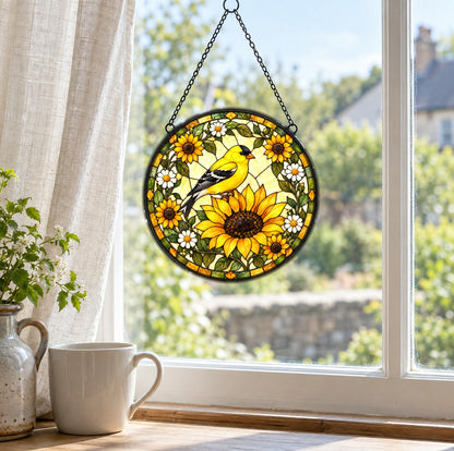 Goldfinch and Sunflower Glass Suncatcher Window Ornament