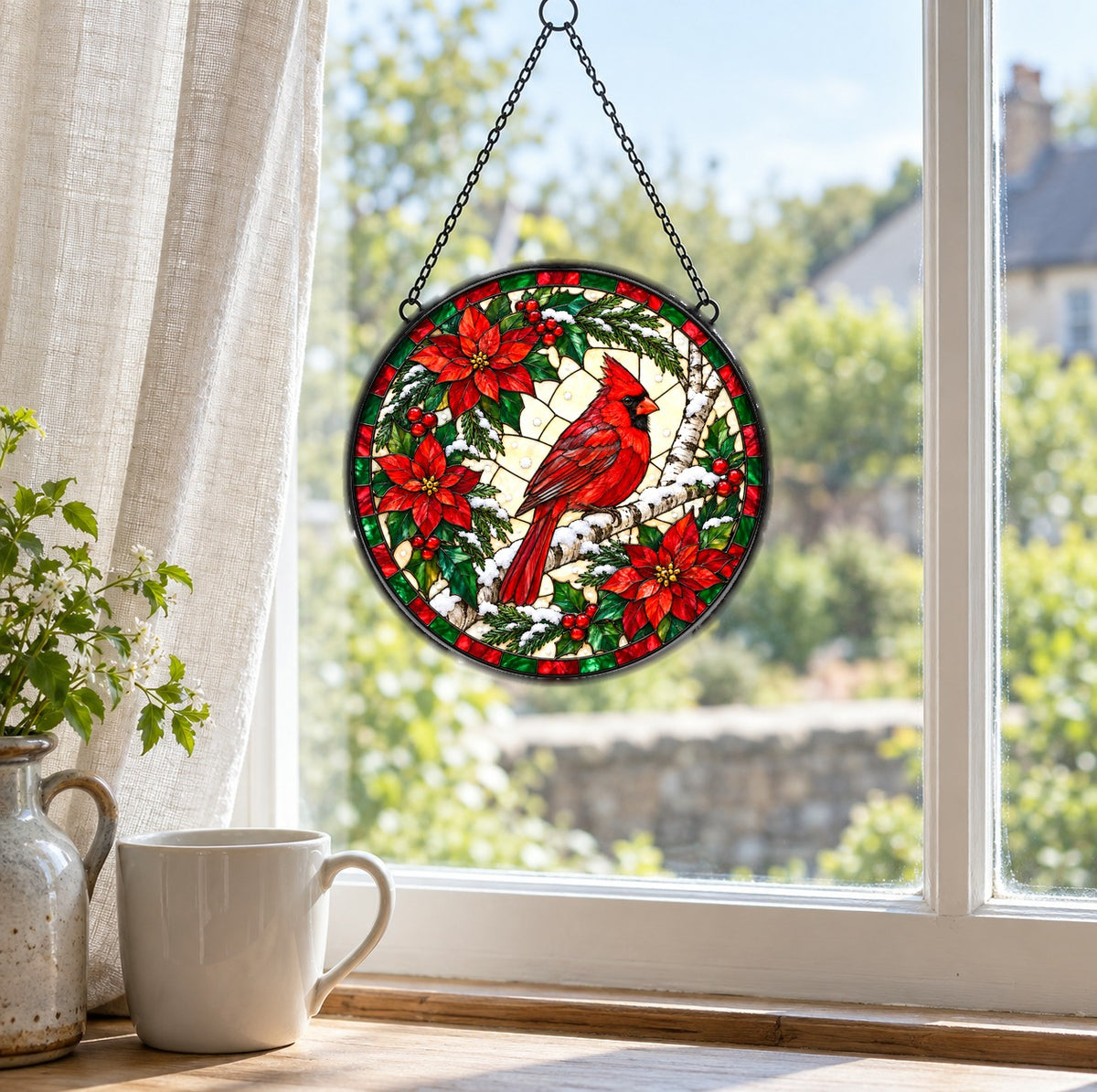 Winter Cardinal on Birch Suncatcher, Glass Christmas Holiday Ornament