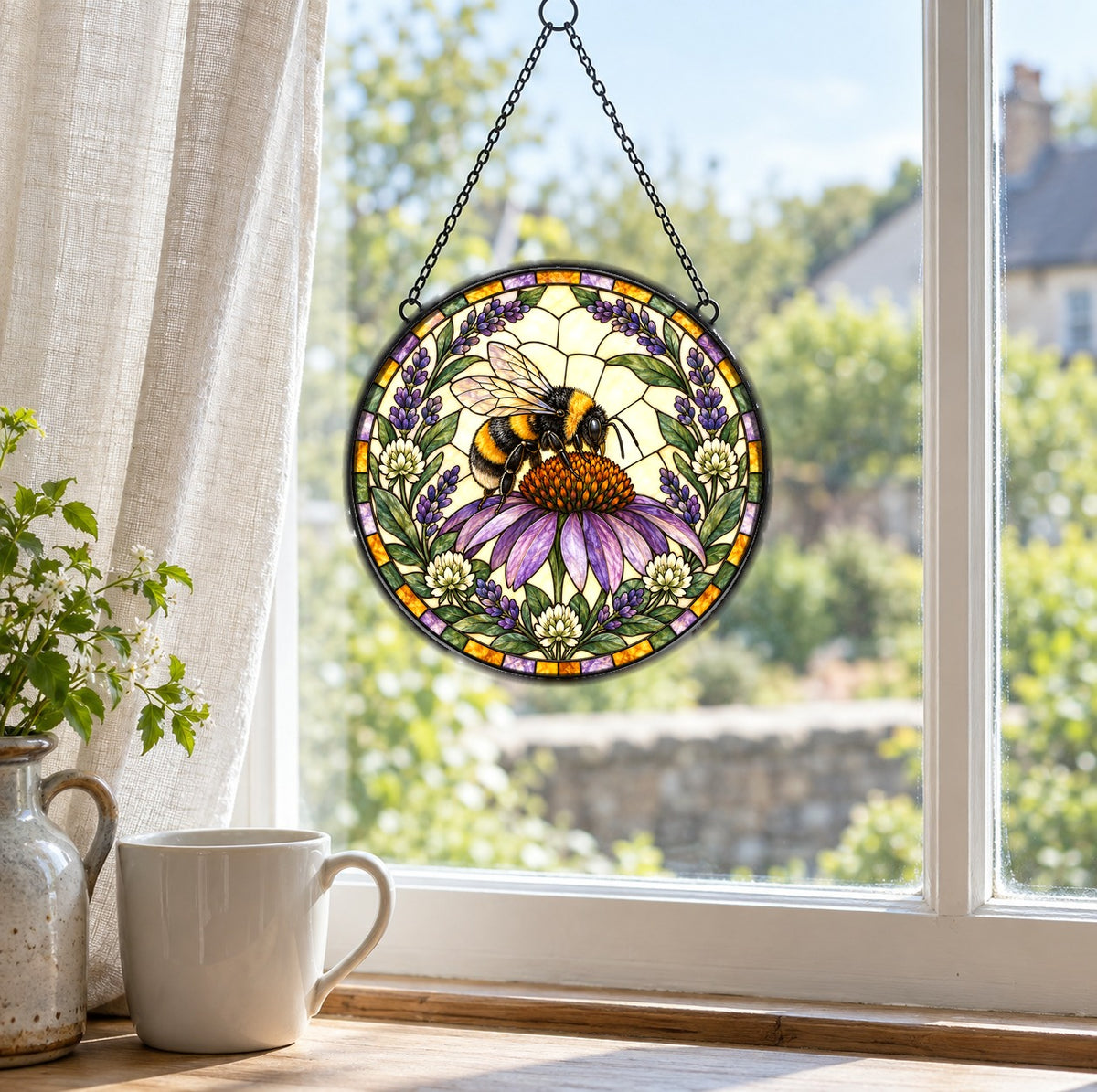 Bumblebee Coneflower Suncatcher Glass Window Hanging Ornament