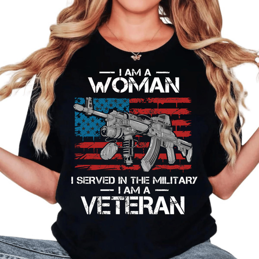 I am a Woman who served in the military T-Shirt, Gun& Dog tags Design, Gift for Veterans Day