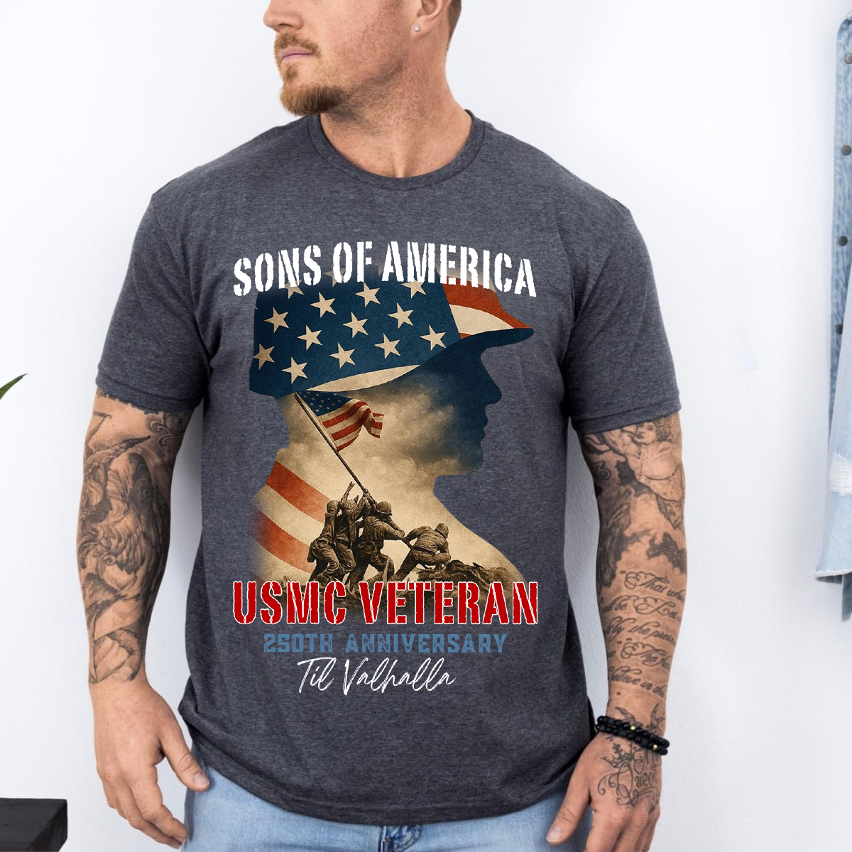 Sons of America USMC Unisex Shirt, 250th Anniversary  Til Valhalla Iwo Jima Design Veteran Tee