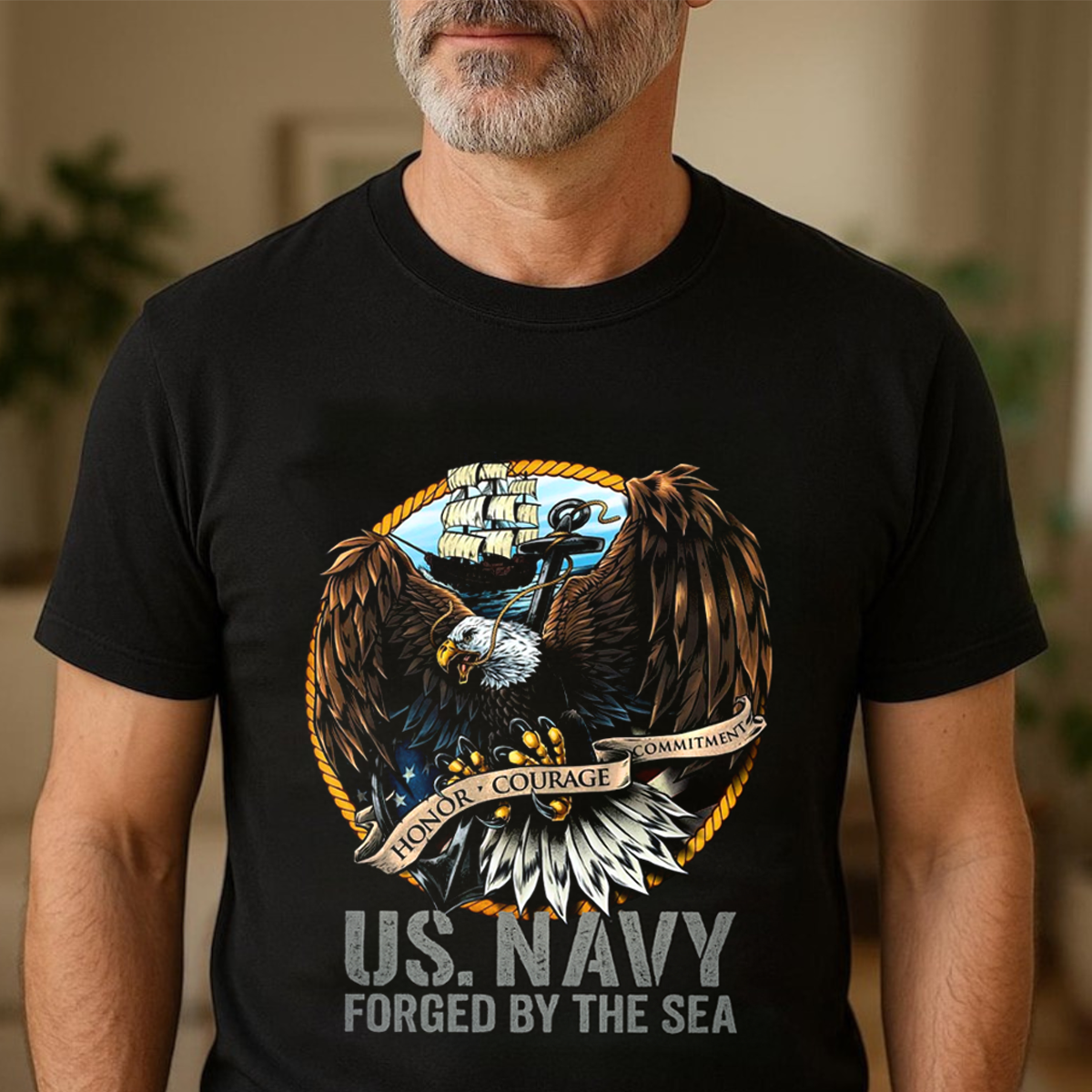 US Navy Veteran T-Shirt – Eagle Anchor Flag Graphic Tee – Honor Courage Commitment Shirt