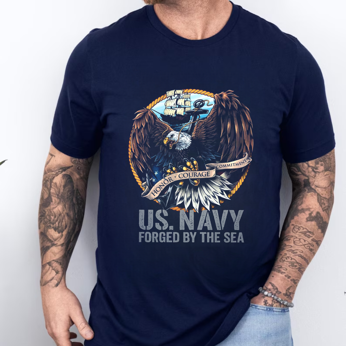 US Navy Veteran T-Shirt – Eagle Anchor Flag Graphic Tee – Honor Courage Commitment Shirt