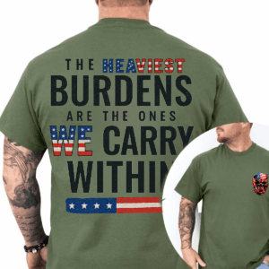 Patriotic Skull T-Shirt, Hoodie & Sweater – American Flag Veteran Apparel, “The Heaviest Burdens” Quote, USA Military Support Gift for Men, HHT011